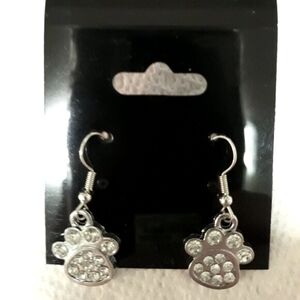 Paw Print Cat Dog Crystal Rhinestones Silver Dangle Pierced Earrings NEW